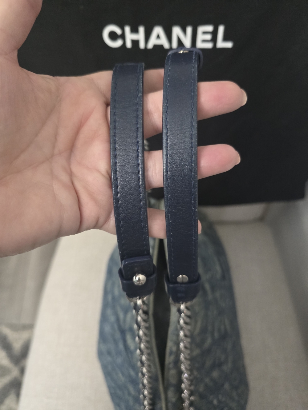 AUTHENTIC Chanel Denim Camellia Just Mademoiselle Bowler Bag - Picture 6 of 16